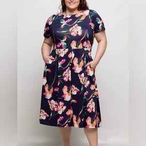 NWT 24seven Comfort Apparel Floral Midi Dress w/ Pockets – Size 3X